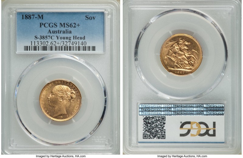 Victoria gold "Young Head/St. George" Sovereign 1887-M MS62+ PCGS, Melbourne min...