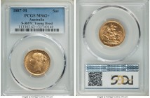 Victoria gold "Young Head/St. George" Sovereign 1887-M MS62+ PCGS, Melbourne mint, KM7, S-3857C. The final year of Victoria's young portrait, presente...