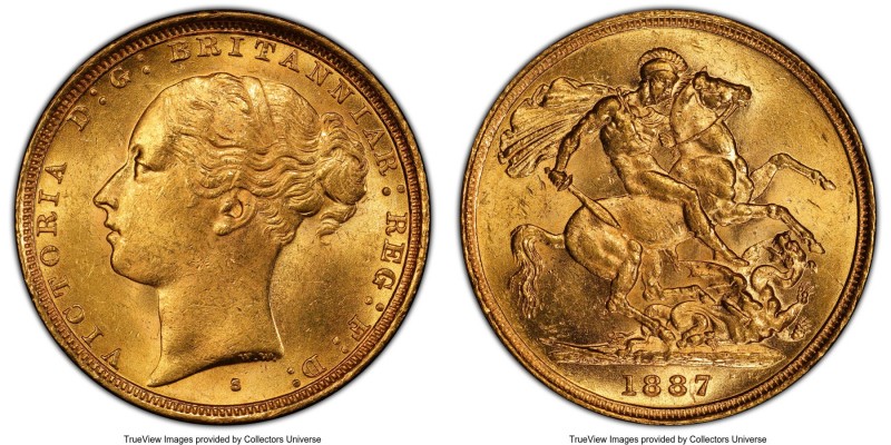Victoria gold "Young Head/St. George" Sovereign 1887-S MS63 PCGS, Sydney mint, K...