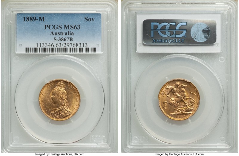 Victoria gold Sovereign 1889-M MS63 PCGS, Melbourne mint, KM10, S-3867B. A sligh...