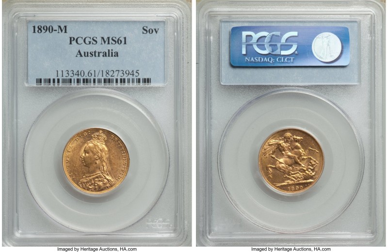 Victoria gold Sovereign 1890-M MS61 PCGS, Melbourne mint, KM10. A rather conserv...