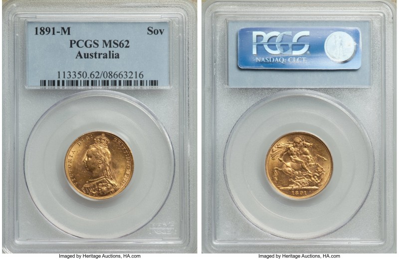 Victoria gold Sovereign 1891-M MS62 PCGS, Melbourne mint, KM10. Very attractive ...