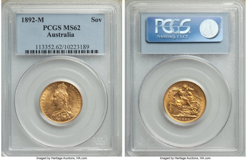 Victoria gold Sovereign 1892-M MS62 PCGS, Melbourne mint, KM10. Extremely attrac...