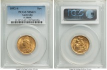 Victoria gold Sovereign 1892-S MS62+ PCGS, Sydney mint, KM10, S-3868C. Full mint brilliance, the usual scattering of contact marks but clearly a coin ...