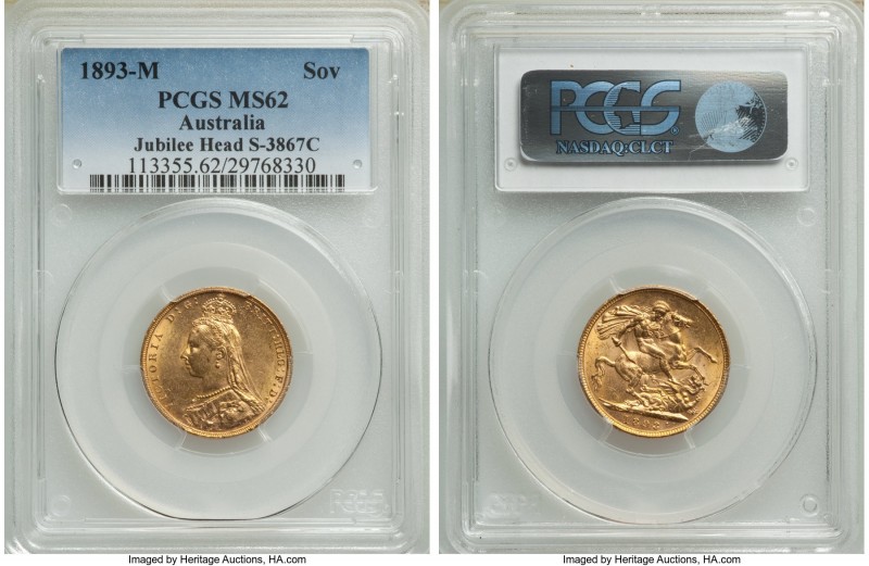Victoria gold Sovereign 1893-M MS62 PCGS, Melbourne mint, KM10, S-3867C. Numerou...