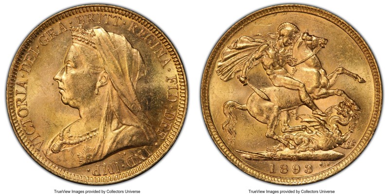 Victoria gold Sovereign 1893-M MS62 PCGS, Melbourne mint, KM13, S-3875. Veiled h...