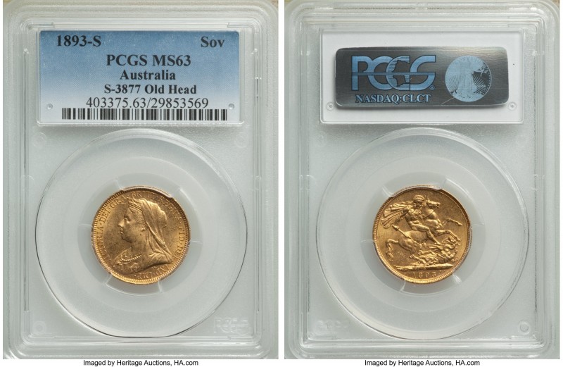 Victoria gold Sovereign 1893-S MS63 PCGS, Sydney mint, KM13. Veiled head. Joint ...