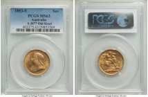 Victoria gold Sovereign 1893-S MS63 PCGS, Sydney mint, KM13. Veiled head. Joint highest graded by NGC or PCGS, a choice Sovereign with untouched luste...