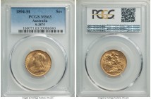 Victoria gold Sovereign 1894-M MS63 PCGS, Melbourne mint, KM13, S-3875. Peppered with contact marks, particularly on the reverse, none of which would ...