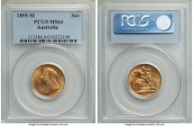 Victoria gold Sovereign 1895-M MS64 PCGS, Melbourne mint, KM13. A scattering of contact marks in line with the grade, but only notable under close mag...