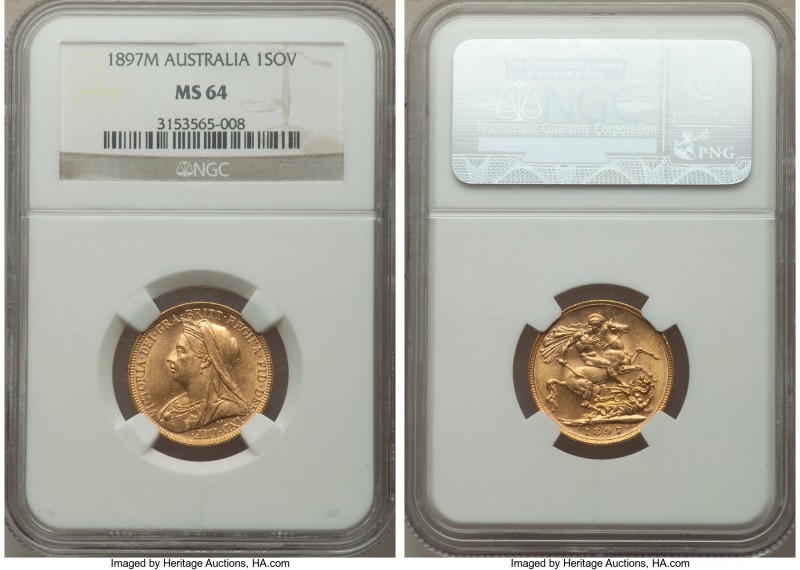 Victoria gold Sovereign 1897-M MS64 NGC, Melbourne mint, KM13. The second finest...