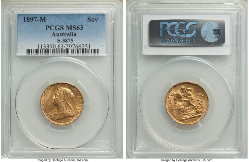 Victoria gold Sovereign 1897-M MS63 PCGS, Melbourne mint, KM13, S-3875. Slightly...