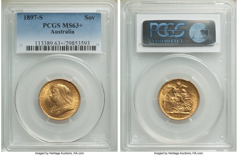 Victoria gold Sovereign 1897-S MS63+ PCGS, Sydney mint, KM13. The single highest...