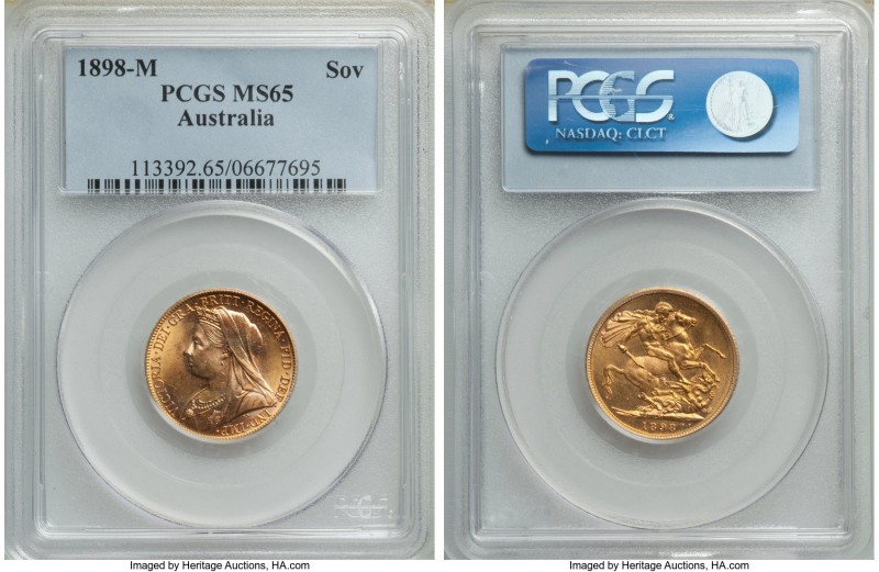 Victoria gold Sovereign 1898-M MS65 PCGS, Melbourne mint, KM13. The highest grad...