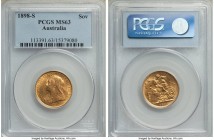 Victoria gold Sovereign 1898-S MS63 PCGS, Sydney mint, KM13. The joint finest certified, this offering exhibits very few of the deep bagmarks the issu...