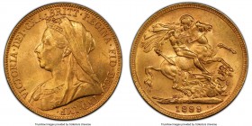 Victoria gold Sovereign 1899-M MS64 PCGS, Melbourne mint, KM13, S-3875. Tied with just two others for the highest graded by NGC or PCGS; a piece whose...