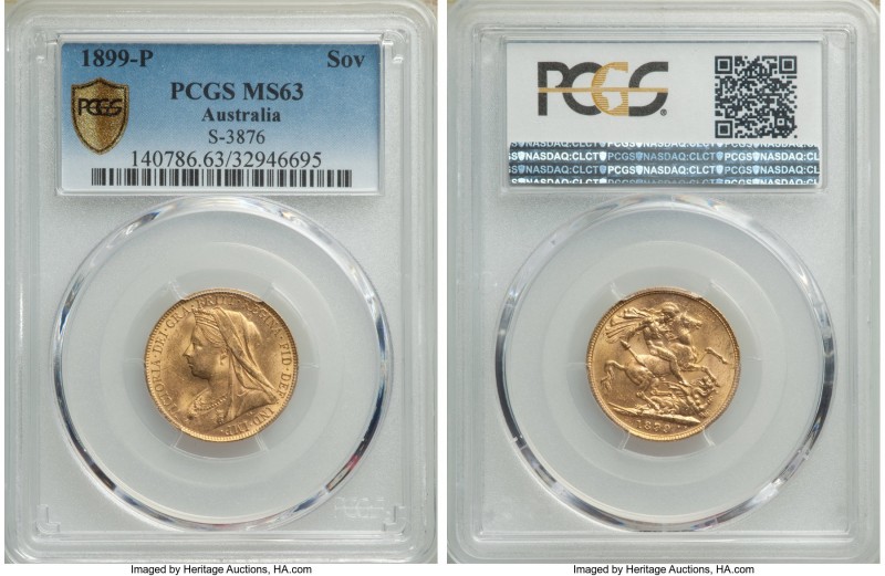 Victoria gold Sovereign 1899-P MS63 PCGS, Perth mint, KM13, S-3876. A more diffi...
