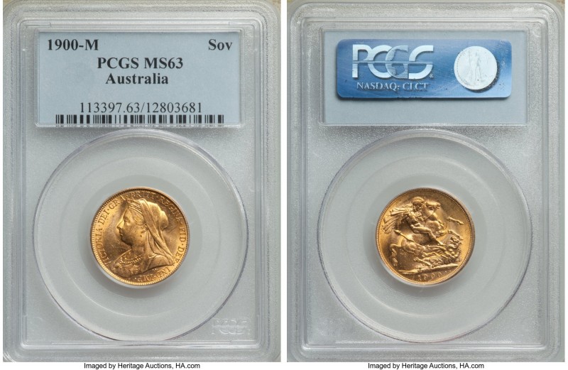 Victoria gold Sovereign 1900-M MS63 PCGS, Melbourne mint, KM13. A vivid honey-ye...