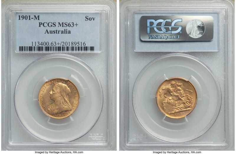 Victoria gold Sovereign 1901-M MS63+ PCGS, Melbourne mint, KM13. At almost the c...