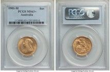 Victoria gold Sovereign 1901-M MS63+ PCGS, Melbourne mint, KM13. At almost the ceiling of quality for type. This selection is particularly attractive ...