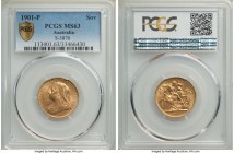 Victoria gold Sovereign 1901-P MS63 PCGS, Perth mint, KM13, S-3876. The obverse of this charming Sovereign exhibits the usual satin effect, the revers...