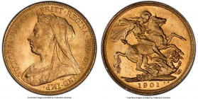 Victoria gold Sovereign 1901-S MS63 PCGS, Sydney mint, KM13. Almost fully struck, highly lustrous and with a blazing orange color to the planchet. Fro...