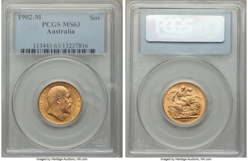Edward VII gold Sovereign 1902-M MS63 PCGS, Melbourne mint, KM15. Touched with s...