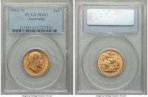 Edward VII gold Sovereign 1902-M MS63 PCGS, Melbourne mint, KM15. Touched with softness at the highpoints, but in all other respects a piece true to i...