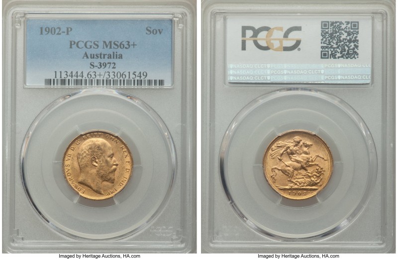 Edward VII gold Sovereign 1902-P MS63+ PCGS, Perth mint, KM15, S-3972. Some bagm...