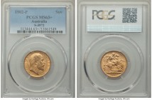 Edward VII gold Sovereign 1902-P MS63+ PCGS, Perth mint, KM15, S-3972. Some bagmarks and breaks to the luster at the highpoints (in line with the grad...