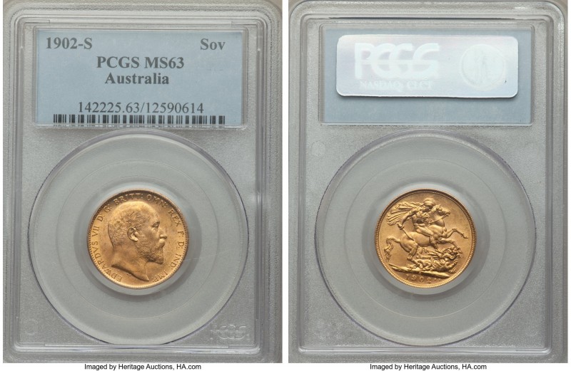 Edward VII gold Sovereign 1902-S MS63 PCGS, Sydney mint, KM15. Peppered with min...