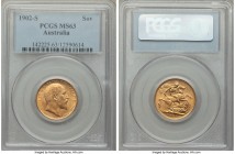 Edward VII gold Sovereign 1902-S MS63 PCGS, Sydney mint, KM15. Peppered with minor bagmarks, yet still appealing for its grade with a slight orange ti...