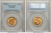 Edward VII gold Sovereign 1904-M MS63 PCGS, Melbourne mint, KM15. Only surpassed by two examples between NGC and PCGS combined, a handsome specimen wi...