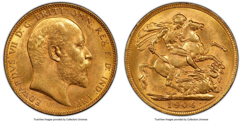 Edward VII gold Sovereign 1904-P MS63 PCGS, Perth mint, KM15, S-3972. The joint ...