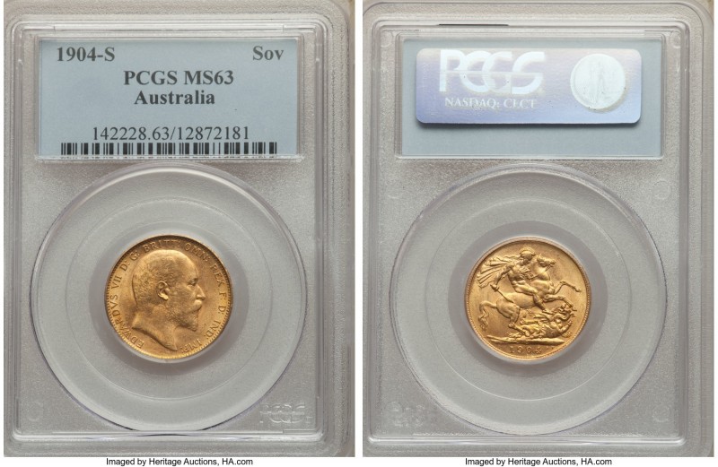 Edward VII gold Sovereign 1904-S MS63 PCGS, Sydney mint, KM15. Slightly weak to ...