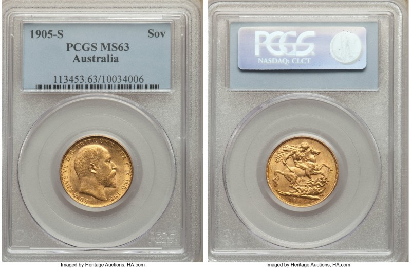 Edward VII gold Sovereign 1905-S MS63 PCGS, Sydney mint, KM15. Lemon-gold with s...