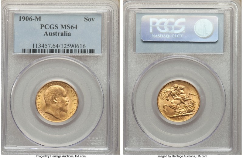 Edward VII gold Sovereign 1906-M MS64 PCGS, Melbourne mint, KM15. Tied with two ...