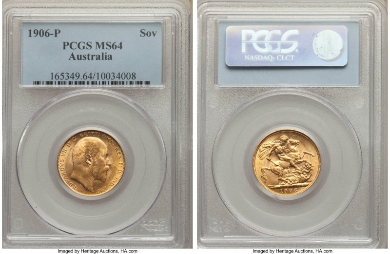Edward VII gold Sovereign 1906-P MS64 PCGS, Perth mint, KM15. Slightly unlevel s...
