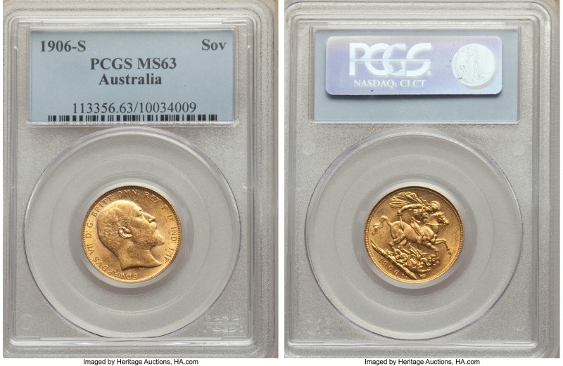 Edward VII gold Sovereign 1906-S MS63 PCGS, Sydney mint, KM15. A vivid sun-yello...