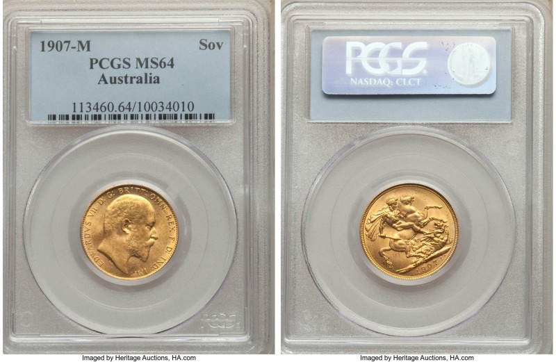 Edward VII gold Sovereign 1907-M MS64 PCGS, Melbourne mint, KM15. Dazzlingly lus...