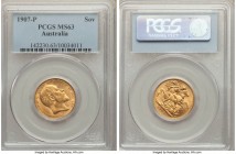 Edward VII gold Sovereign 1907-P MS63 PCGS, Perth mint, KM15. Elegant, its luster slightly subdued yet still boasting fully original surfaces. From th...