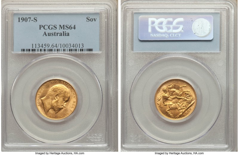 Edward VII gold Sovereign 1907-S MS64 PCGS, Sydney mint, KM15. The finest of thi...