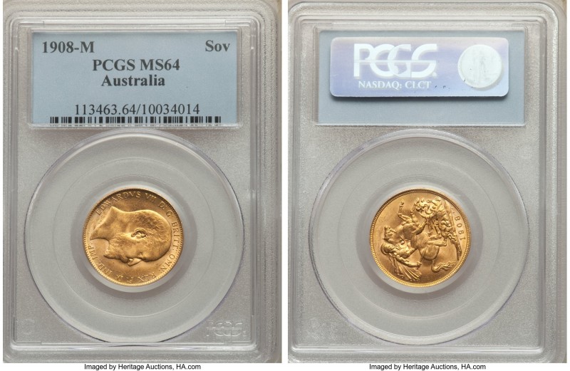 Edward VII gold Sovereign 1908-M MS64 PCGS, Melbourne mint, KM15. With none cert...