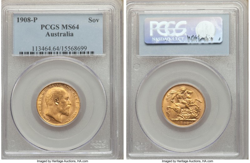 Edward VII gold Sovereign 1908-P MS64 PCGS, Perth mint, KM15. Flaring with matte...
