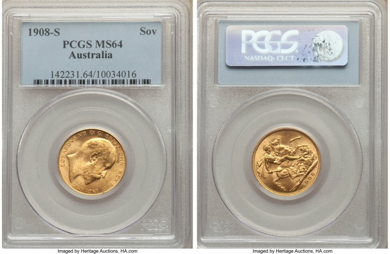 Edward VII gold Sovereign 1908-S MS64 PCGS, Sydney mint, KM15. Bearing the highe...