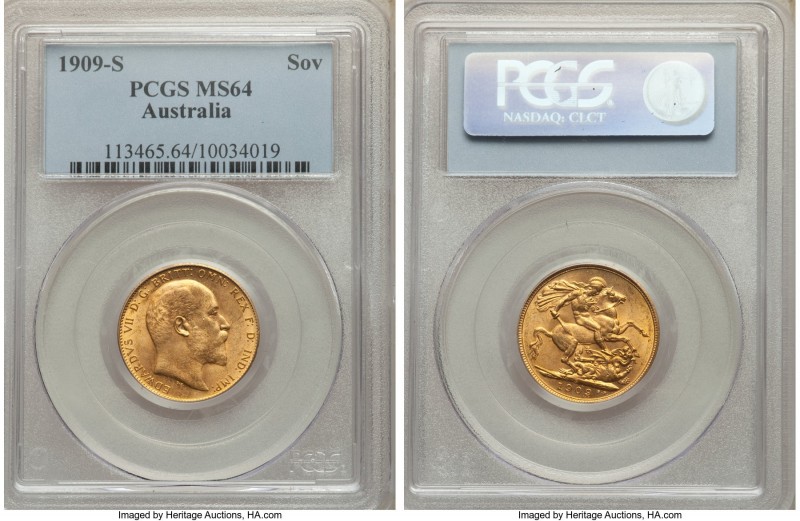 Edward VII gold Sovereign 1909-S MS64 PCGS, Sydney mint, KM15. Boasting the top ...