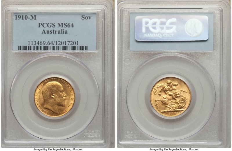 Edward VII gold Sovereign 1910-M MS64 PCGS, Melbourne mint, KM15. The joint fine...