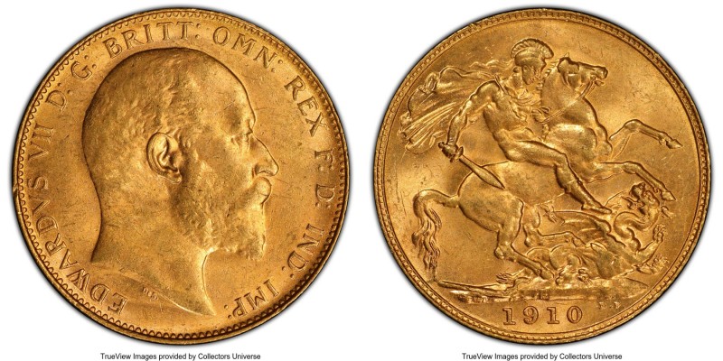 Edward VII gold Sovereign 1910-P MS63 PCGS, Perth mint, KM15, S-3972. Surpassed ...