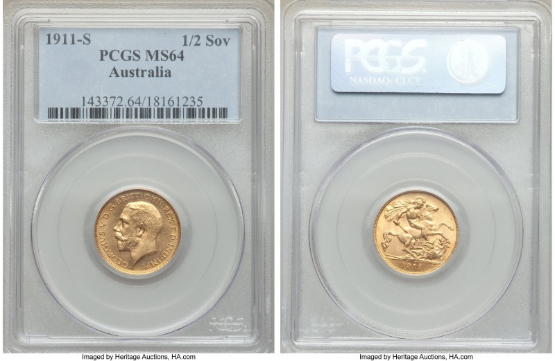 George V gold 1/2 Sovereign 1911-S MS64 PCGS, Sydney mint, KM28. Scarcely seen a...