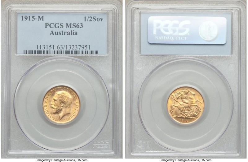 George V gold 1/2 Sovereign 1915-M MS63 PCGS, Melbourne mint, KM28. Bright and l...